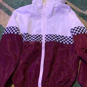 maroon and white checkered jacket